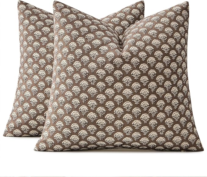 MIULEE Fall Floral Print Decorative Euro Pillow Covers 22x22, Chocolate | Vintage Boho Farmhouse Modern Home Decor, Set of 2, Brown Block Print Cushion Covers for Couch Sofa Bed Living Room