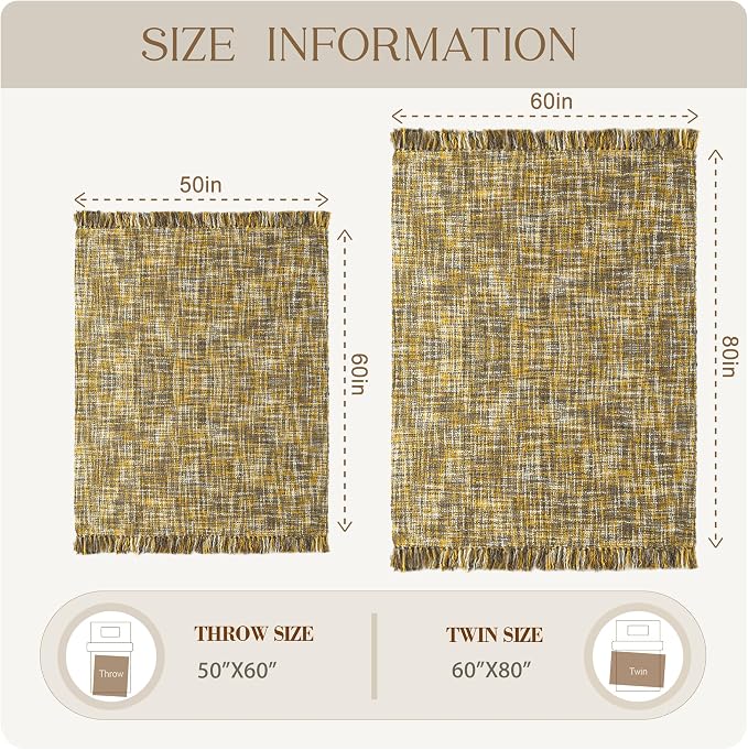 Multi-Color Cable Woven Throw Blanket for Couch - 50"X60" | Multicolored Boho Style,Super Soft Warm Cozy Chunky Blankets with Decorative Tassels for Bed and Sofa,Gold