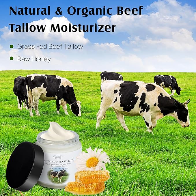 YBHMO Beef Tallow Moisturizer,Beef Tallow for Skin,Organic Grass Fed Beef Tallow with Raw Honey Moisturizing Cream, Whole Body & Face Moisturizer(4oz)