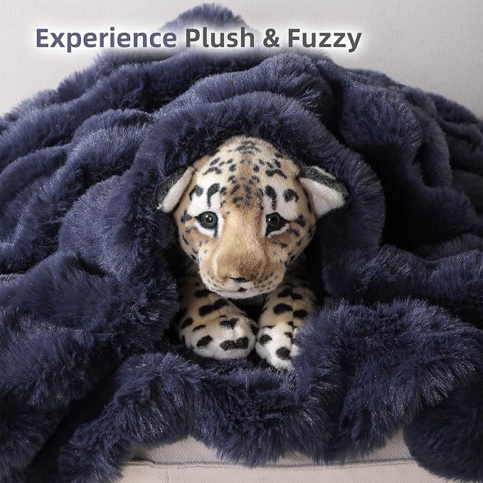 Faux Rabbit Fur Throw for Couch - Navy Blue Bubble Blanket 50"x60" | Fluffy Plush Fuzzy Throw for Sofa & Bed, Super Soft Cozy Comfrt Blanket, Luxury Aesthetic Navy Blue Decor Gift for Women