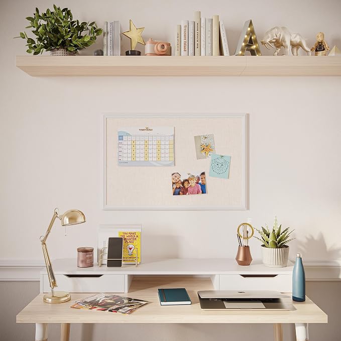 U Brands Farmhouse Linen Bulletin Board, 30" x 20", White Wood Frame, Wall Mounted Pin Board for Home Office, Classroom & Kitchen, Includes Push Pins