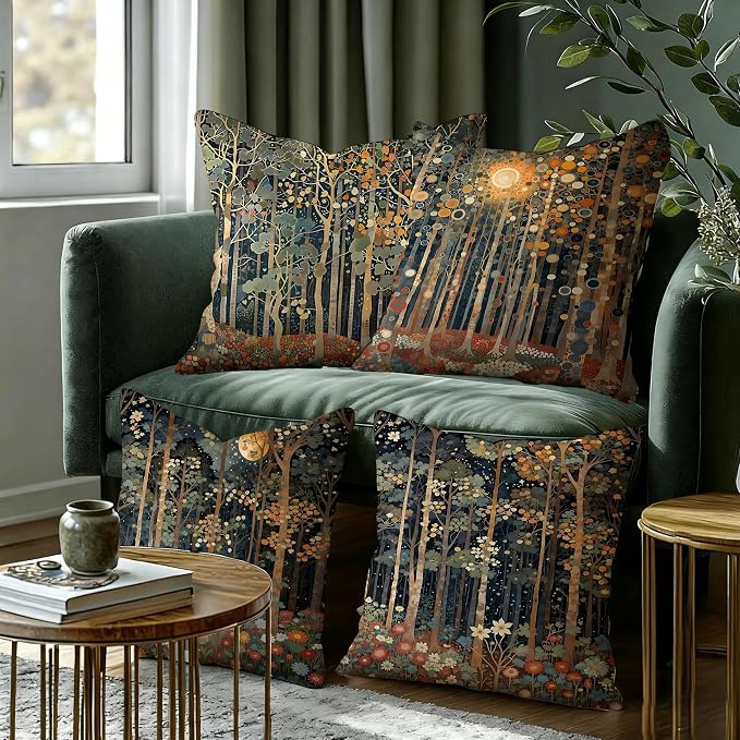 Rustic William Morris Inspired Autumn Forest Pillow Covers 20x20 Set of 4, Fall Home Room Decor, Vintage Botanical NatureDecorative Throw Pillow Covers for Home Bedroom Living Room
