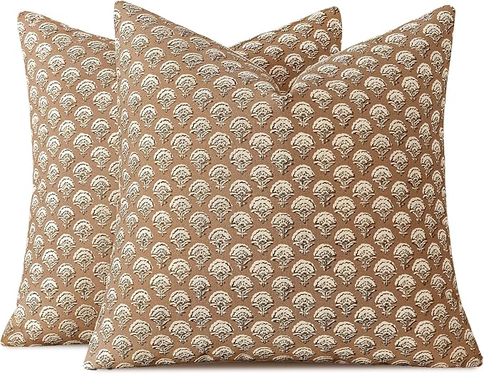 MIULEE Floral Print Decorative Pillow Covers 20x20, Cognac | Vintage Boho Farmhouse Modern Home Decor, Set of 2, Block Print Cushion Covers for Couch Sofa Bed Living Room