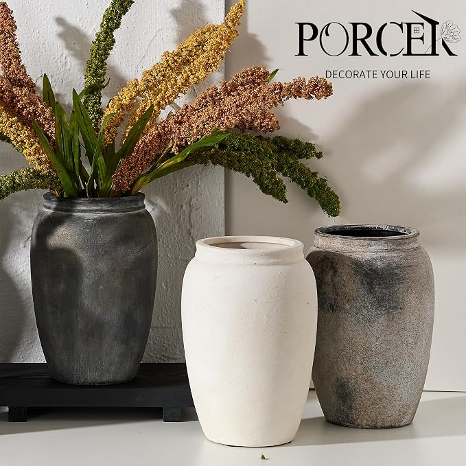 PORCER 8.2 Inch Ceramic Terracotta Rustic Vase Home Decor Farmhouse Decorative Vase for Living Room Entryway Floor Holiday Wedding-Black Bronze