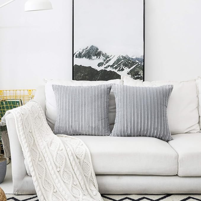 UGASA Velvet Pillow Covers Striped, Decorative Throw Cushion Case with Hidden Zipper for Home Couch/Bedroom/Car, Soft Cozy Solid Square, 1 Pack (20"x20", Light Grey)