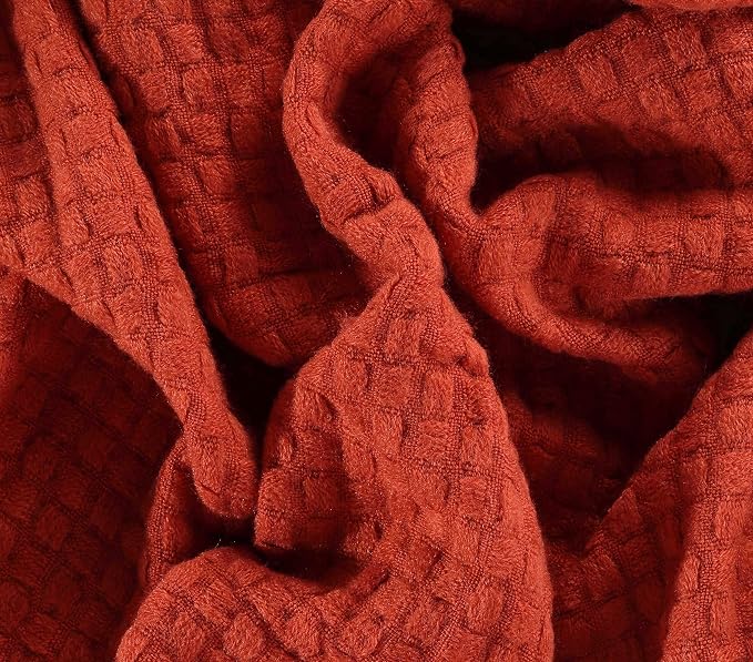 CREVENT 50"X60" Farmhouse Breathable Lightweight Spring Summer Fall Knit Throw Blanket for Couch Chair (Burnt Orange/Rust Brick Red - Waffle Christmas Red)