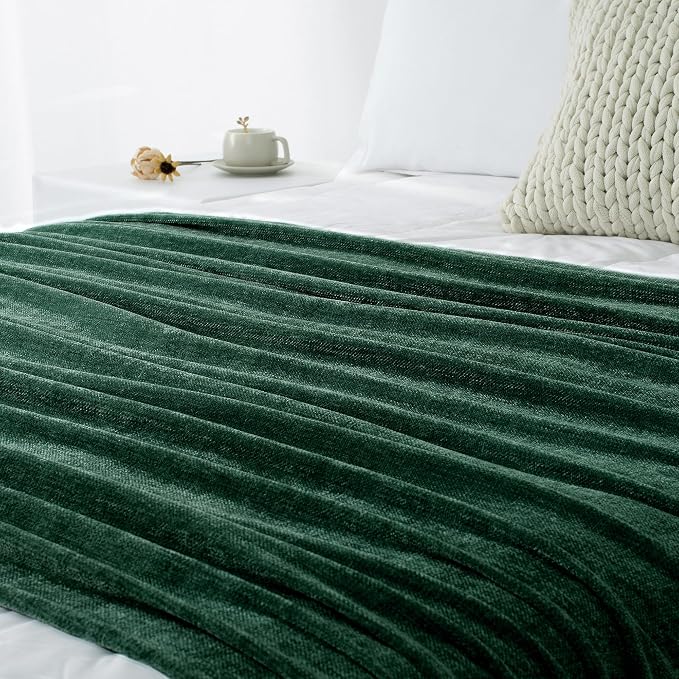 Chenille Throw Blanket for Couch 50" x 60", Dark Green | Soft Cozy Throws with Fringe Tassel, for Living Room Bed Sofa Chair Cover, Lightweight Knitted Boho Blankets Christmas Decor
