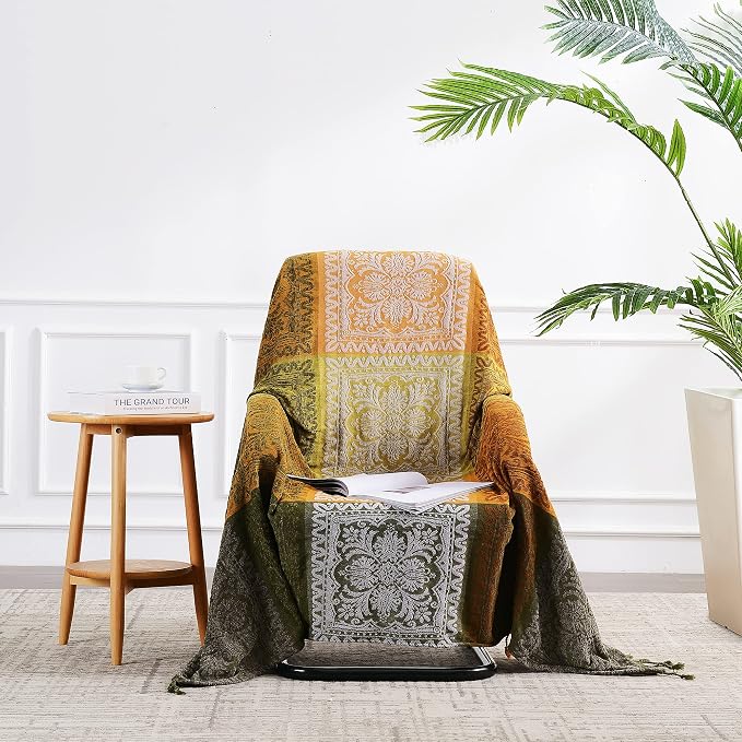 Boho Throw Blanket, Bohemian Tassels Throw Blankets for Bed Couch Soft Chair, Chenille Fringe Tassels (New Green, Large 86 * 102Inches)