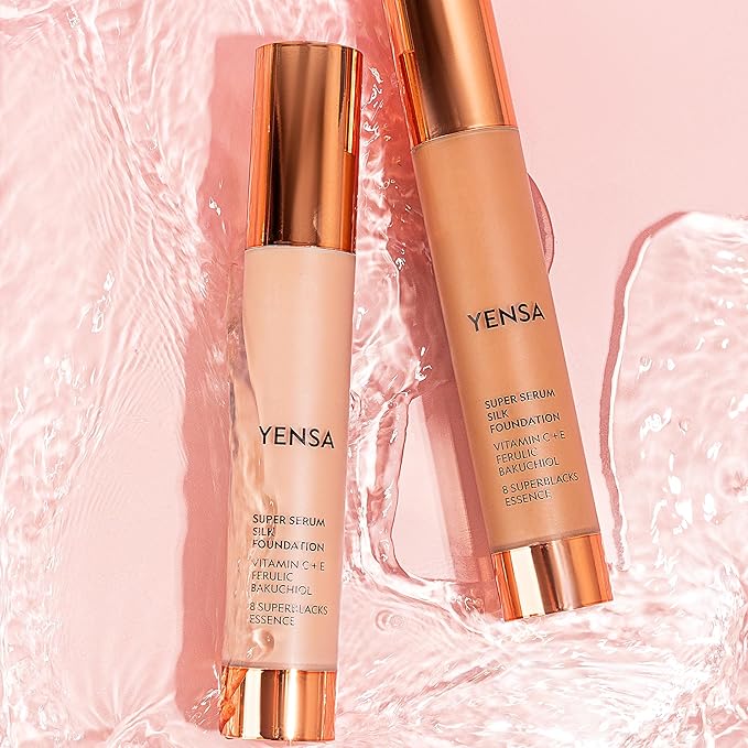 YENSA Serum Foundation Makeup - Super Silk Full Coverage Foundation Enriched with Peptides, Vitamin C & Ferulic Acid to Help Reduce Fine Lines, Wrinkles & Dark Circles - Deep 4 (1 oz)