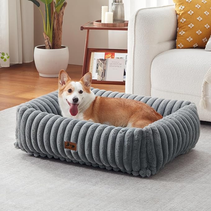 Dog Bed Medium Size Dog, Rectangle Orthopedic Pet Bed for Car and Indoor, Comfort Fluffy Memory Foam Dog Beds with Anti-Slip Bottom,Grey(30x24x8 inches)