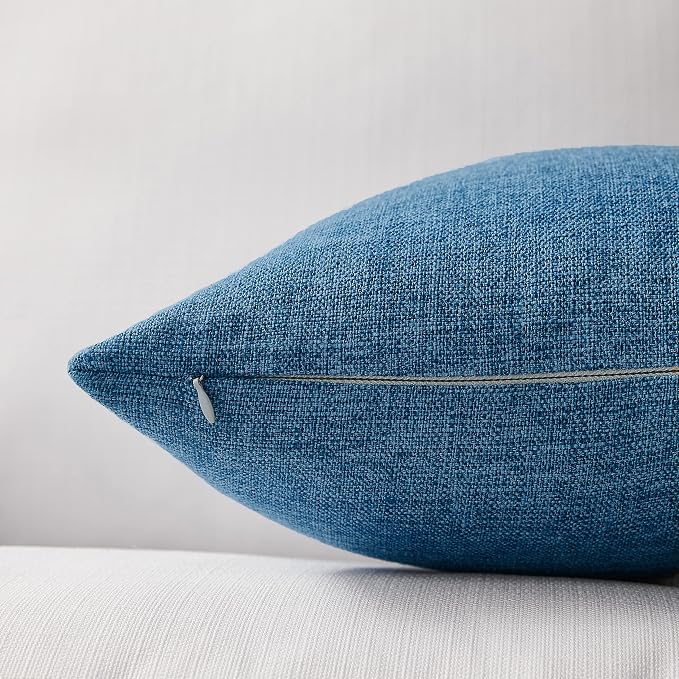 Meekio Set of 2 Blue Pillow Covers 18 x 18 Inch Farmhouse Boho Decorative Throw Pillow Covers Linen Cushion Covers for Sofa Couch Décor