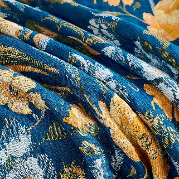 VANJOROY Boho Throw Blanket, 100% Organic Cotton Breathable Ultra Soft 80" x 90" Bed Quilt Throw - All Season Floral Rustic Farmhouse Decor Luxury Reversible Blanket for Sofa Couch Chair and Gift