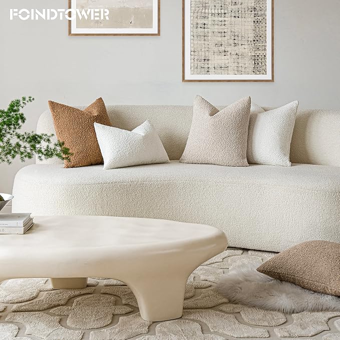 Foindtower Pack of 2 Textured Boucle Throw Pillow Covers Accent Solid Pillow Cases Cozy Soft Decorative Couch Cushion Case for Chair Sofa Bedroom Living Room Home Decor, 20 x 12 Inch,White
