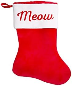 Pearhead Meow Cat Christmas Stocking, Plush Red Pet Holiday Stocking with Sherpa Cuff, Classic Cat Stocking for Treats, Toys, and Pet Gifts