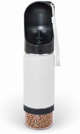 Mon Chateau 14oz Portable Dog Water Bottle with 4 oz Snack Storage, Double Walled Stainless Steel Body, Leak-Proof, Dishwasher Safe Pet Travel Bottle for Dogs, Cats & Outdoor Use, White