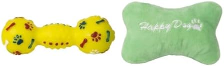 2 Pack Squeaky Dog Toy Set, Durable Latex Dumbbell with Fun Paw Prints and Soft Plush Bone Cushion Toy, Interactive Chew and Cuddle Bundle for Small to Medium Dogs, Puppies