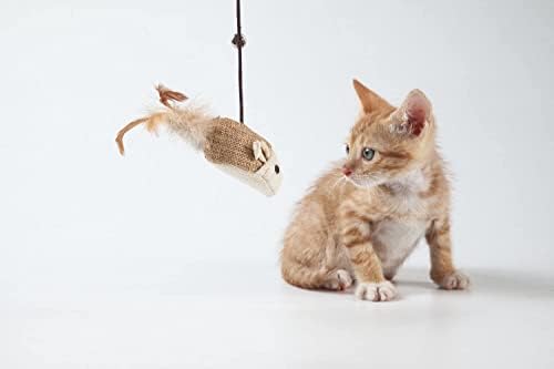 Cat Teaser Cat Kitten Toys Set Natural Sisal Wand Teasers with Mouse, Bell, Feather, Elastic String, and Sturdy Wood Rod