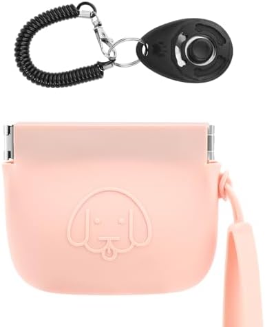 WALLFID Silicone Dog Treat Pouch, Auto Closure, with Pet Training Clicker, Walking Bag for Dog and Cat, Pocket Size, Easy to Clean, Odorless, Travel Bag (Pink)