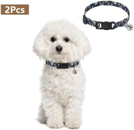 Cartoon Dog Heads Dark Blue Decorative Pet Collar with Bell 2 Pack Pet Collars Adjustable 10.6 to 17.1 Inches