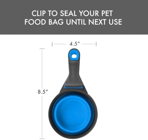 Dexas Popware for Pets Collapsible Klip Scoop, 3-in-1 Pet Food Scoop, Measuring Cup and Bag Clip, 2 Cup Capacity, Pro Blue