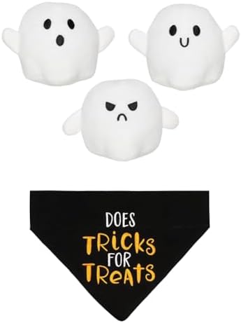 Bundle of Pearhead Plush Squeaky Ghost Dog Toys, Set of 3 + Trick or Treat Bandana - S/M