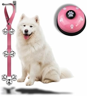 Dog Door Bell for Potty Training, 2-in-1 Set with Adjustable Hanging Bell(Includes 7 Stainless Steel Bells) and Metal Press Call Bell,Pink