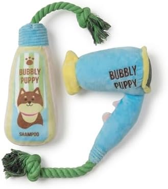 2-Pack Funny Squeaky Dog Toy Bundle - Cute Shampoo Bottle & Hair Dryer Plush Set - Interactive Spa Themed Soft Stuffed Toys for Puppies, Small & Medium Dogs - Dog Enrichment & Gift Set