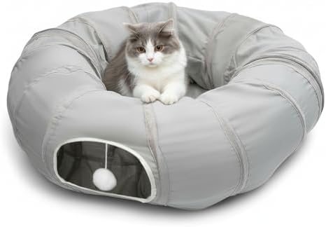 AUOON Cat Tunnel with Bed for Kitten Puppy Rabbit Ferret, Light Grey