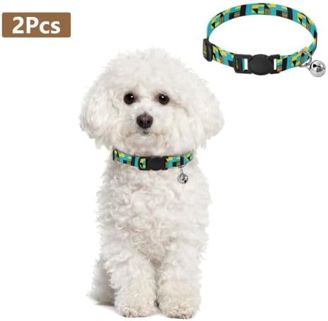 Geometric Stripes Turquoise Blue Kitten Collar with Bell 2 Pack Puppy Collar Adjustable Length 10.6" to 17.1"