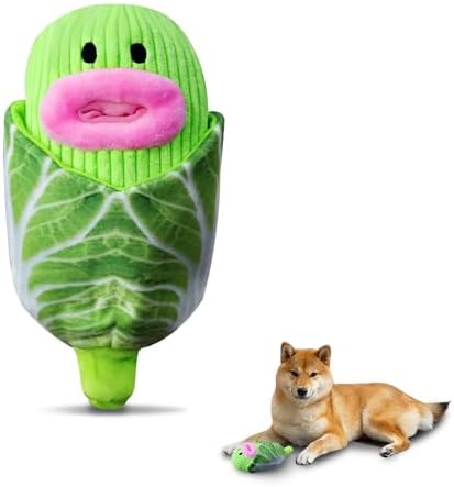 Andiker Dog Squeaky Toy, Cute Cabbage Shaped Detachable Puppy Plush Toy with Food-Leaking Design, Squeaker & Crinkle Paper, Interactive Dog Toy for Teething Chewing Playing (Green)