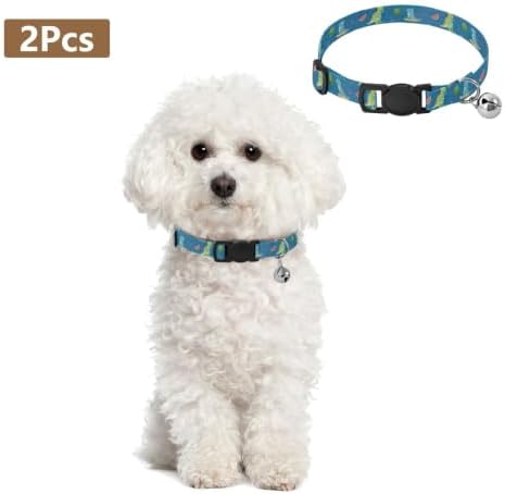 Cartoon Dinosaurs Listening Music Cat Bell Collar 2 Pack Cats Collar Adjustable Length 10.6" to 17.1"