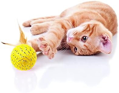 10Pcs Cat Colorful Rainbow Toys Flutter Balls with Feather and Bells for Indoor Ourdoor Kitty Kitten Interactive Playing Chewing Training Chasing Hunting and Exercise