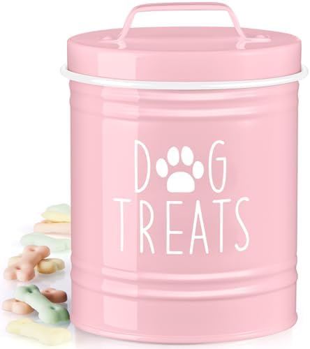 OUTNILI Pink Small Dog Treat Container Airtight - 6" Tall X 4.9" Round Pink Dog Treat Jar for Kitchen Counter - Rustic Treat Storage Canister for Dogs, Cats, Small Animals - Gifts for Pet Owners