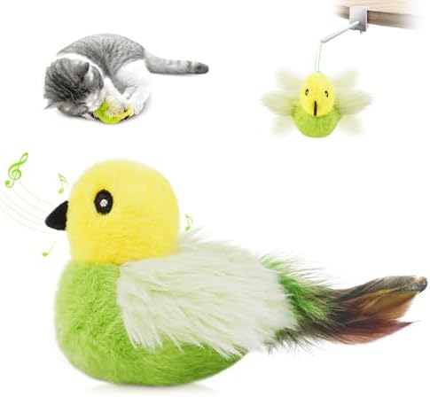 Migipaws Cat Toys,Interactive Lifelike Amakihi Flying Flapping Bird with Catnip, Feathers Hanging by Elastic String, Automatic Chirping Kitten Toys for Indoor Cats Self Play, Rechargeable(Green)