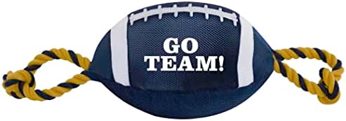 Pets First Football Dog Toy, Tough Nylon Quality Materials with Strong Pull Ropes & Inner Squeaker, Nylon Football Blue/Gold