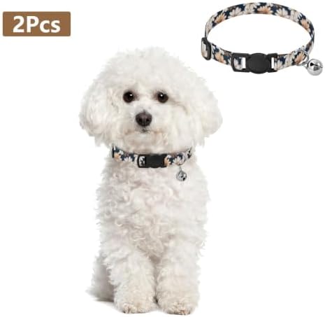 Retro Daisy Flower Small Dog Collar with Bell 2 Pack Cat Collar Adjustable Length 10.6" to 17.1"