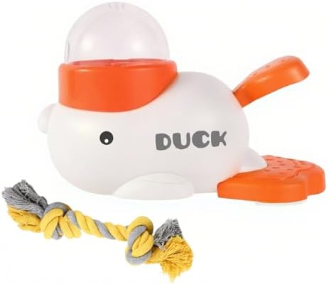 Interactive Duck Dog Treat Dispenser Toy – Slow Feeder Puzzle for Dogs with Bonus Chew Rope Toy, Tail Press Food Dispenser, Fun Training & Enrichment Feeder, Easy to Clean (White)