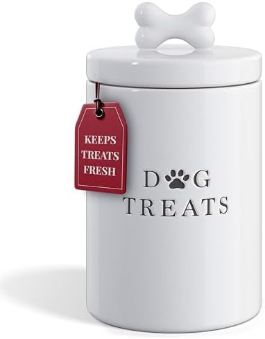 Barnyard Designs Ceramic Dog Treat Container with Airtight Lid (White)