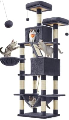 Feandrea Cat Tree, 81.1-Inch Large Cat Tower, Multi-Level Plush Condo with 13 Scratching Posts, 2 Perches, 2 Caves, Basket, Hammock, Pompoms, Smoky Gray UPCT190G01