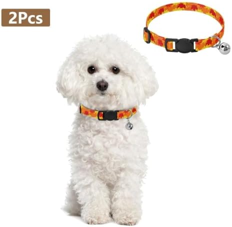 Autumn Maple Leaf Yellow Collar with Bell for Dog Puppy 2 Pack Small Dog Collar Adjustable Length 10.6" to 17.1"