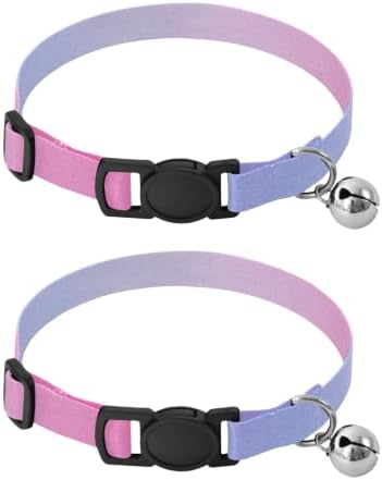 2 Pack Small Dog Collar Purple Pink Gradient Small Dog Collar with Bell, Adjustable 10.6 to 17.1 Inches