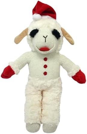 Multipet Lamb Chop Dog Plush Toy w/Santa Hat - Dog Toy for All Dogs - Extra Soft Plush - Stuffed Animal for Cuddling & Playing (10.5”, Cream)