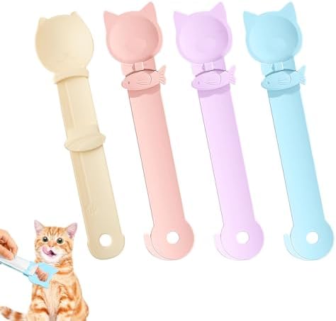 4PCS Cat Strip Feeder Spoons, Sliding Pet Treat Spoon Squeeze, Lickable Squeezable Creamy Treat, Wet Treats Dispenser, Cat Treat Spoon Squeeze, Fun Feeding for Pets, Beige/Blue/Purple/Pink