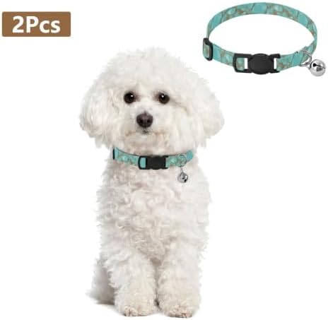 Turquoise Marble Collars for Puppies, 2 Pack Cat Collars with Bell