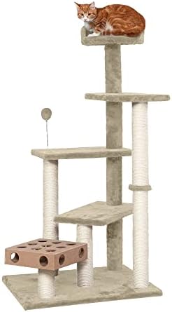 Furhaven 49.5" Tall Cat Tree for Indoor Cats, Ft. Sisal Scratching Posts, Plush Ball Toy, & Busy Box Toy - Tiger Tough Play Stairs Interactive Playground Tower - Cream, One Size