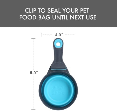 Dexas Popware for Pets Collapsible Klip Scoop, 3-in-1 Pet Food Scoop, Measuring Cup and Bag Clip, 2 Cup Capacity, Blue