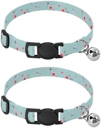 Dragonflies Flowers Dog Collar with Bell 2 Pack Pet Collars Adjustable Length 10.6" to 17.1"