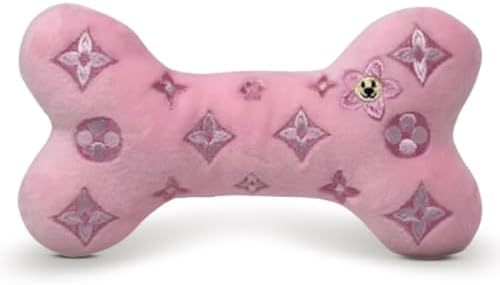 Dog Diggin Designs Chewy Vuiton Pink Blossom Plush Dog Toy Bone | Luxury-Inspired Parody Designer Bone with Squeaker, Soft Plush Chew & Play Dog Toy – Prêt-à-Porter Play!