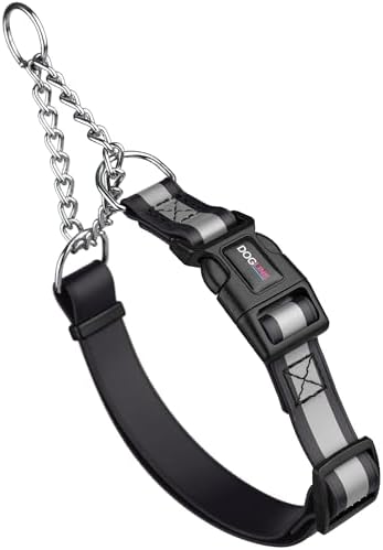 Dogline Reflective Martingale Collar for Dogs with Quick Release Buckle – Biothane Dog Collar with Herm Sprenger Assembly Chain – Waterproof No Pull Dog Collar, L 20”-26”, Black