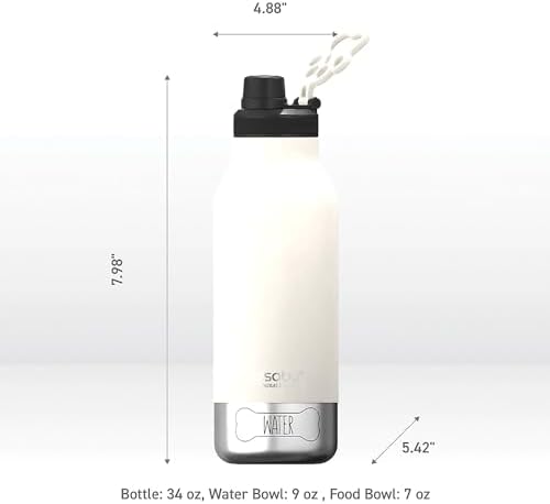 asobu Buddy Bottle a Stainless Steel Insulated Water Bottle for with Removable Dog Water Bowl and Dog Food and Treat Storage Bowl (White, 34 oz Water Bottle | 2 Bowls)